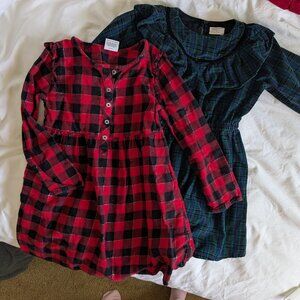 Lot of 2 dresses - holiday red buffalo plaid shimmer + tartan velvet ruffle